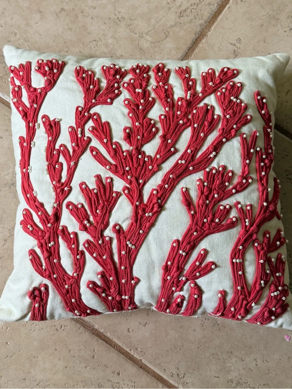 Pottery Barn Red Coral Embroidered Accent Pillow 12” square